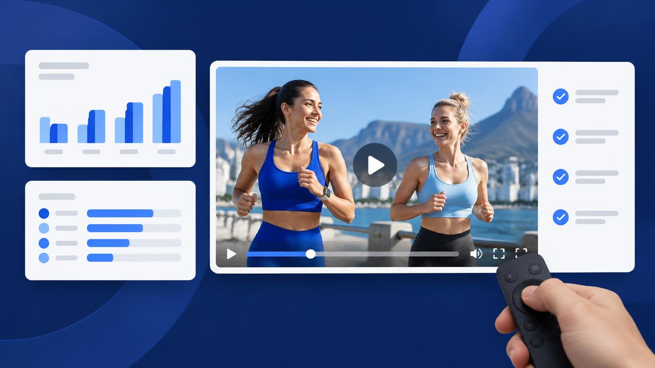 Floating dashboard cards with charts beside a video player scored with checkmark insights